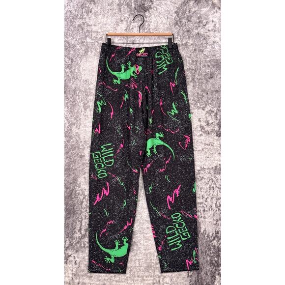 Vintage Gecko Hawaii Pants Small Womens 90s Neon Gecko Wild Paint Splatter - Picture 1 of 7